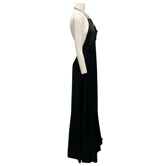 GENNY BLACK RHINESTONE EMBELLISHED HALTER NECK SATIN GOWN - Picture 2 of 5
